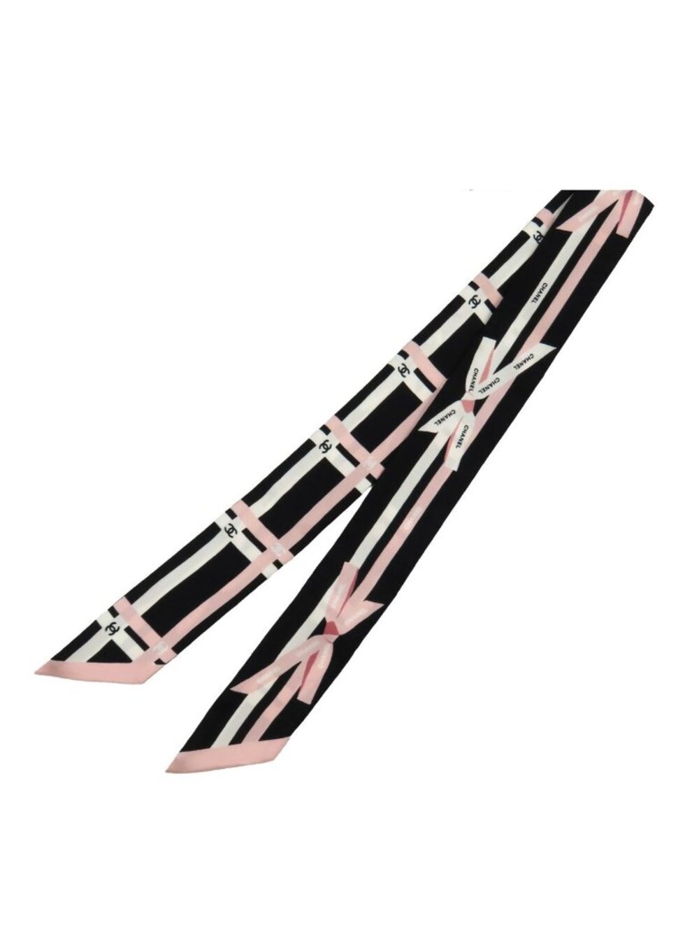 Chanel Scarf CC Logo Ribbon Pattern Pink Black Silk